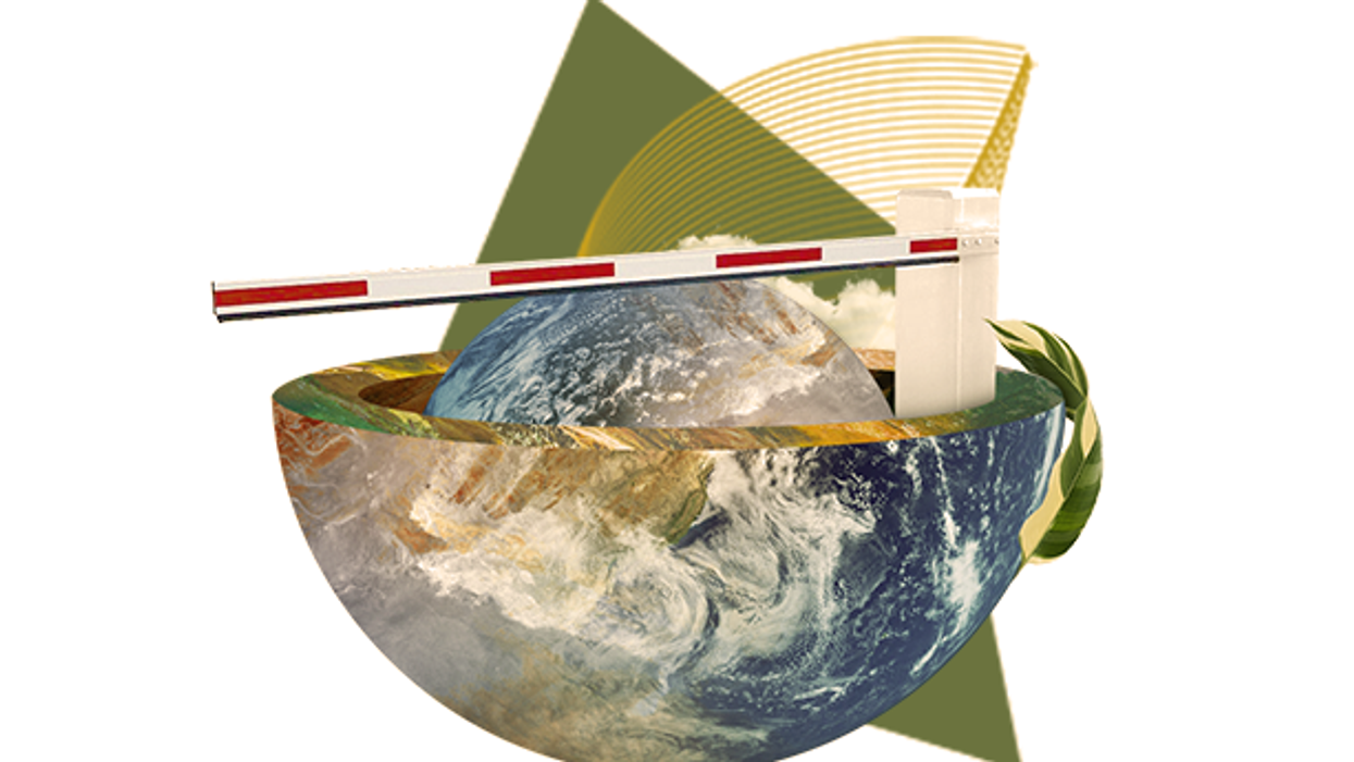 Illustration of the Earth cut in half with a tollbooth barrier lowered