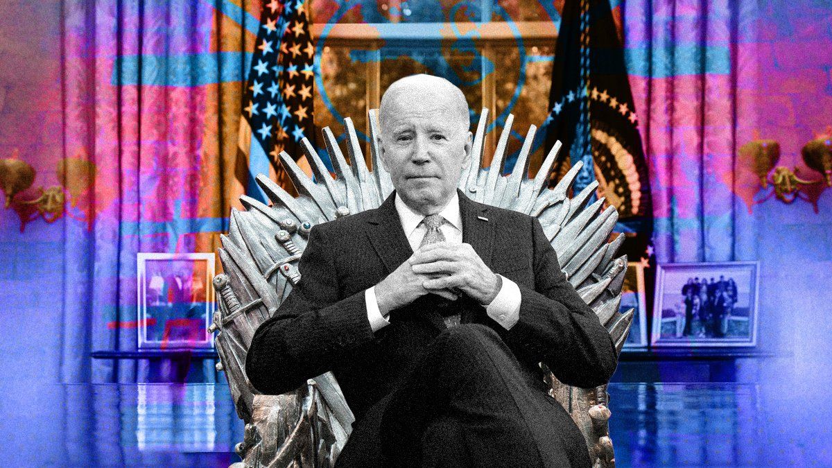 Illustration of US President Joe Biden sitting on the GOT Iron Throne in the Oval Office
