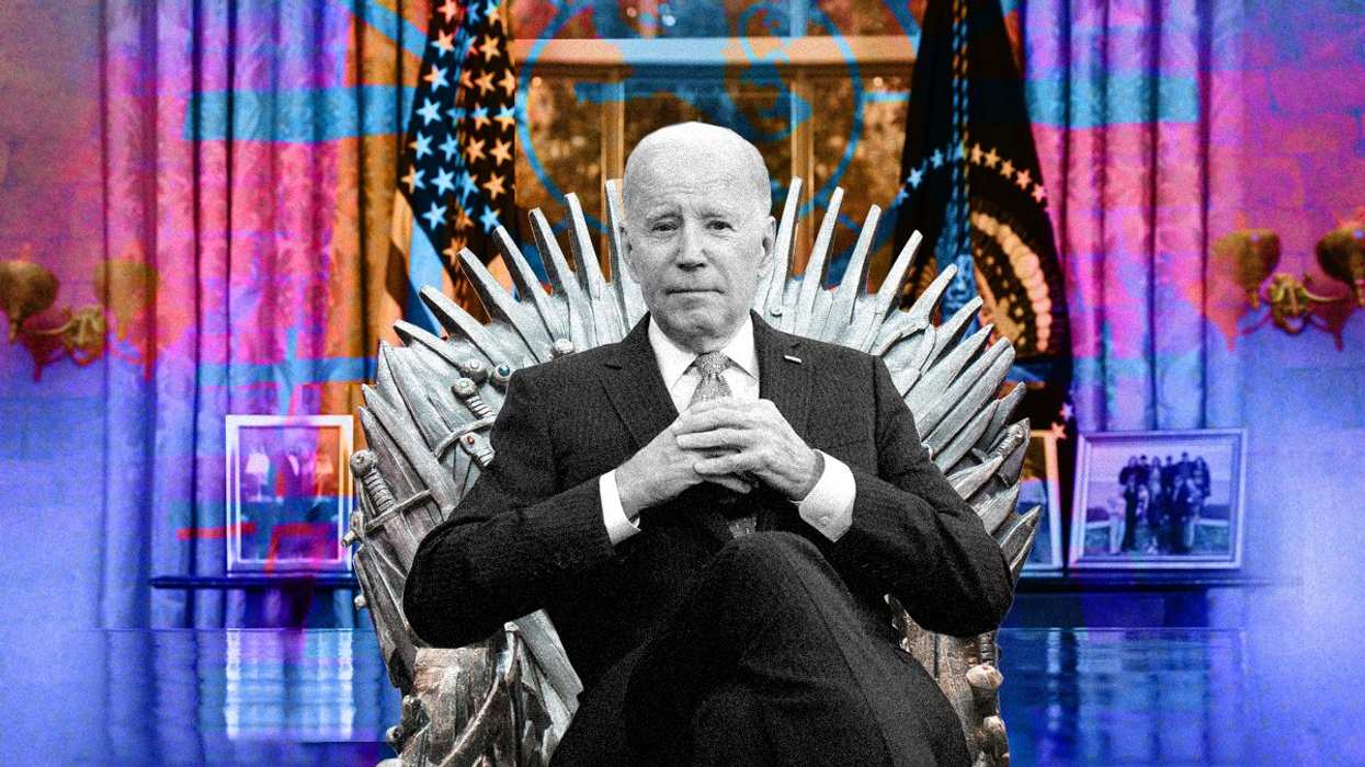 Illustration of US President Joe Biden sitting on the GOT Iron Throne in the Oval Office