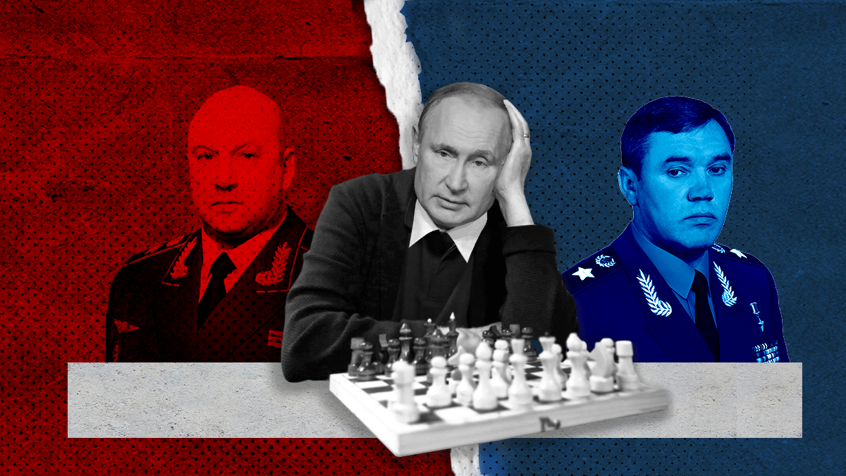 Illustration of Vladimir Putin playing chess beside images of Valery Gerasimov and Sergei Surovikin.