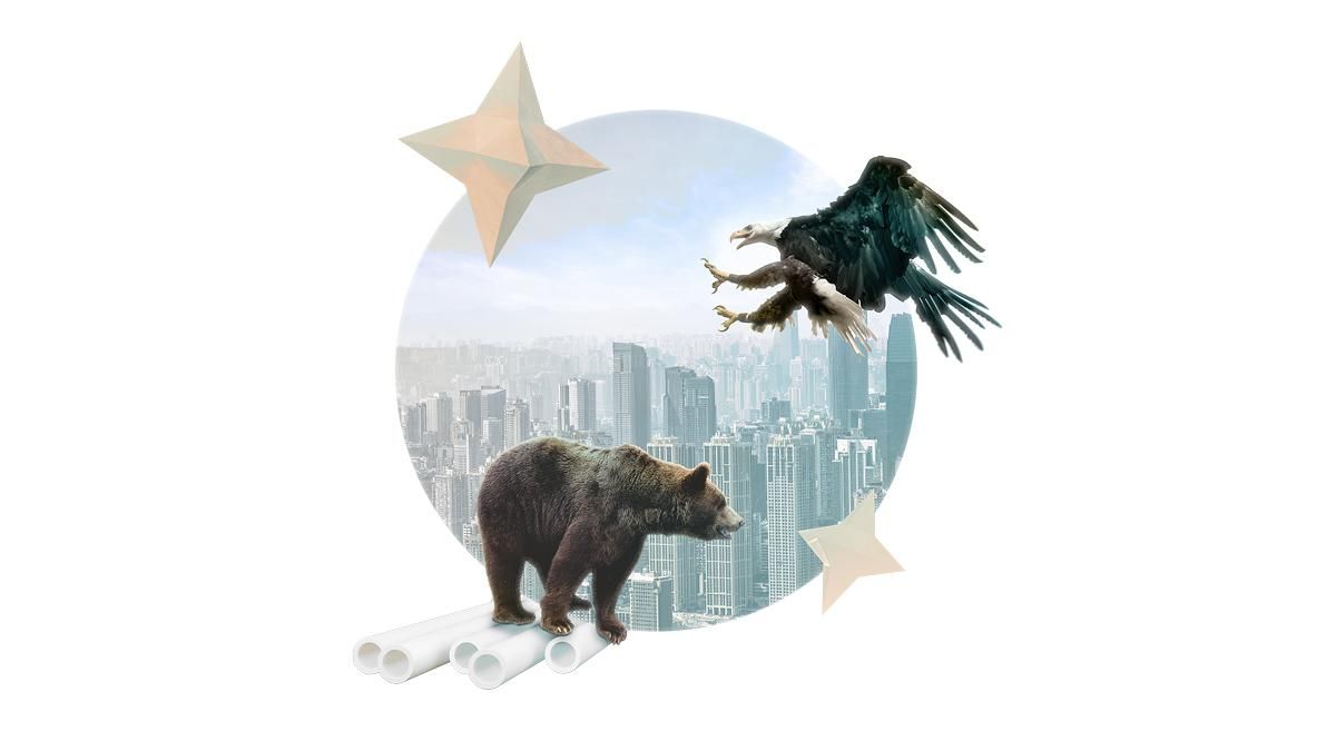 Illustration showing an eagle and a bear facing off with a city in the background. The new Cold War