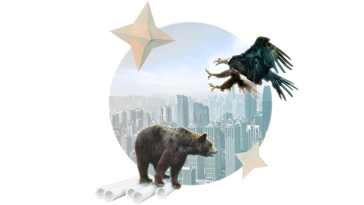 Illustration showing an eagle and a bear facing off with a city in the background. The new Cold War