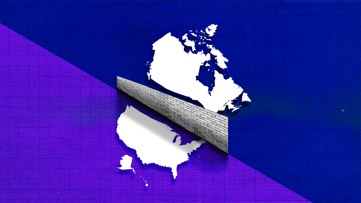 Illustration showing map of US separated by a brick wall from map of Canada