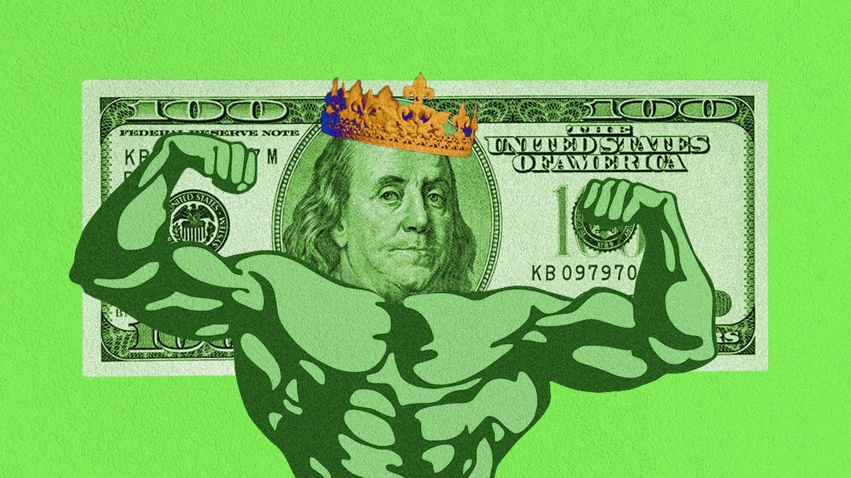 Image of a $100 dollar bill with a crown and the body of a wrestler