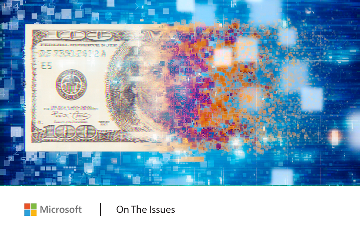 Image of a digitally-altered one hundred dollar bill with colored pixels in the foreground and a blue digital grid in the background.