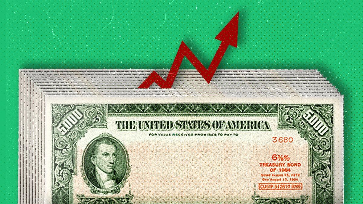 Image of a US Treasury bond on a green background with an upward arrow to represent growing national debt.