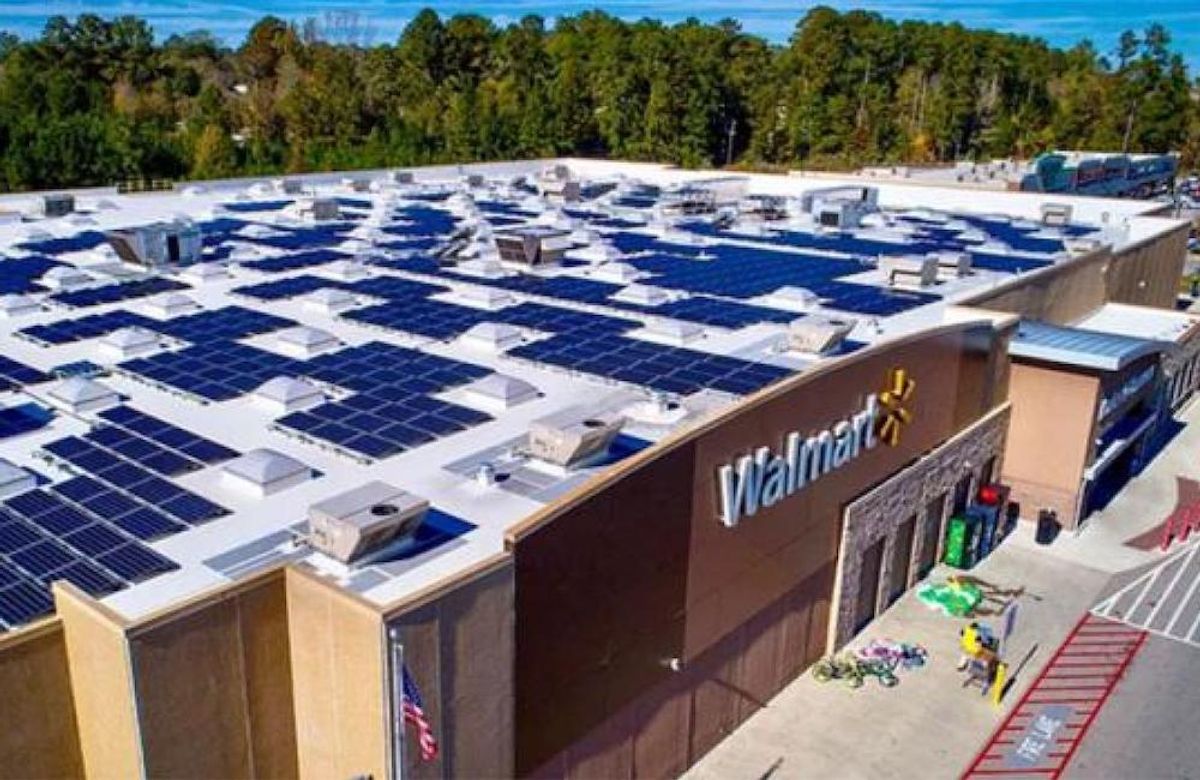 Image of energy panels on the roof of a Walmart store location