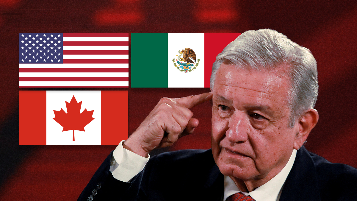Image of Mexico's president AMLO with flags of USA, Canada & Mexico