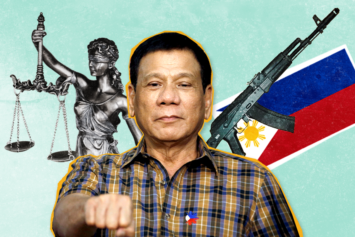 Image of Philippine President Rodrigo Duterte flanked by the national flag, a gun, and symbols of justice