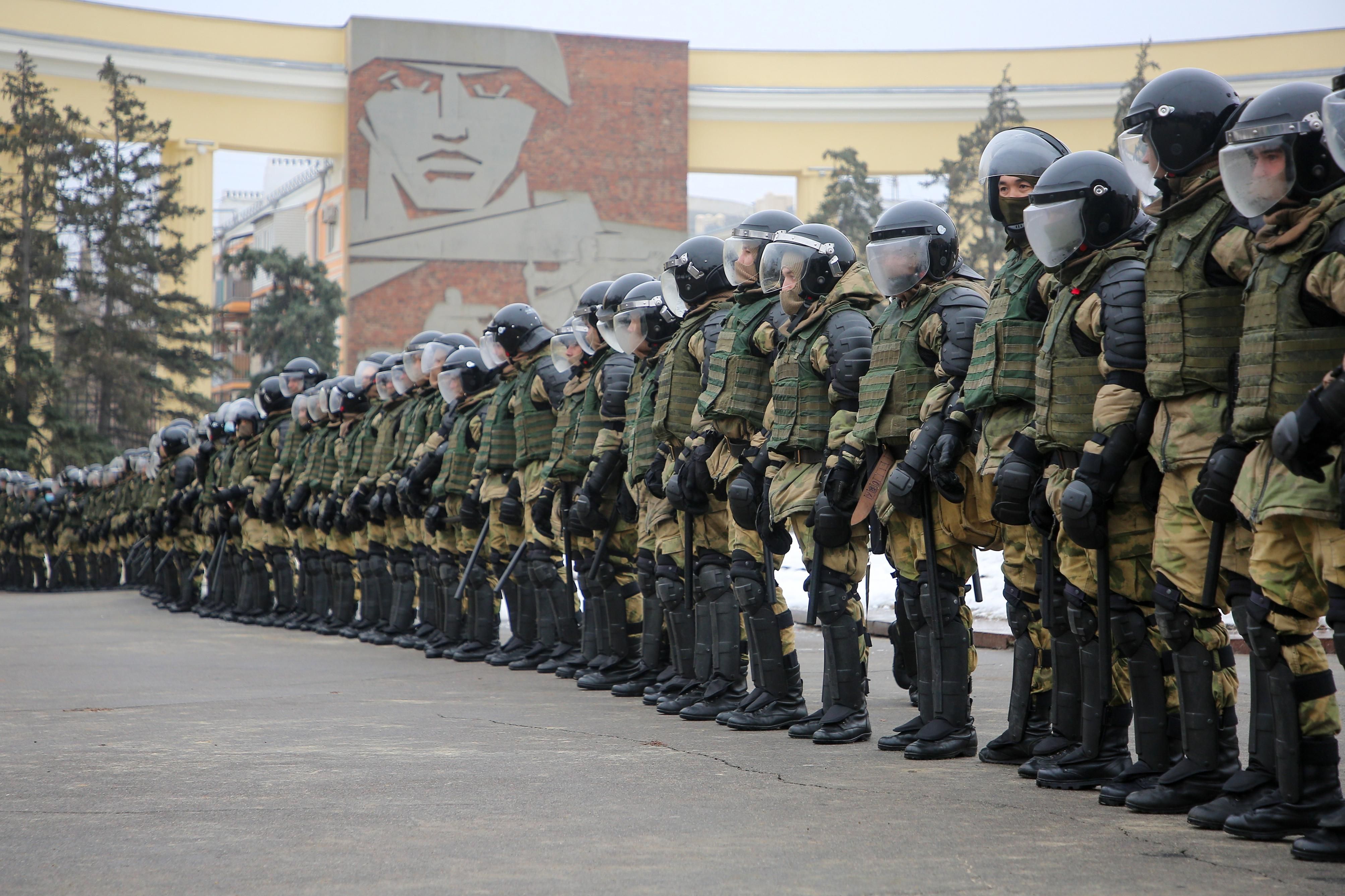 VOLGOGRAD, RUSSIA - JANUARY 31, 2021: Riot police officers cordon off a street during an unauthorized rally in support of Russian opposition activist Alexei Navalny.