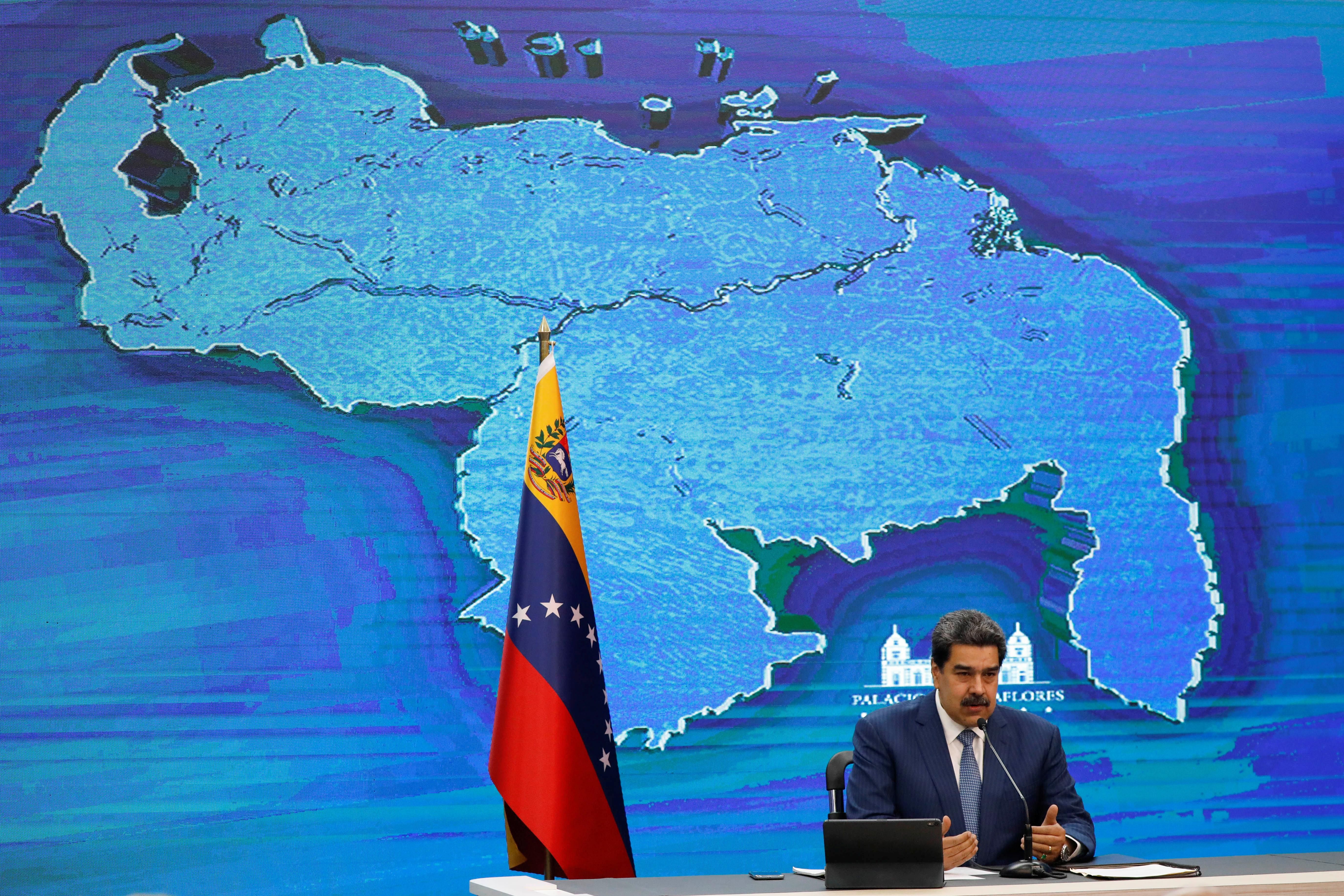 Venezuela's President Nicolas Maduro addresses the media from the Miraflores Palace, in Caracas, Venezuela August 16, 2021