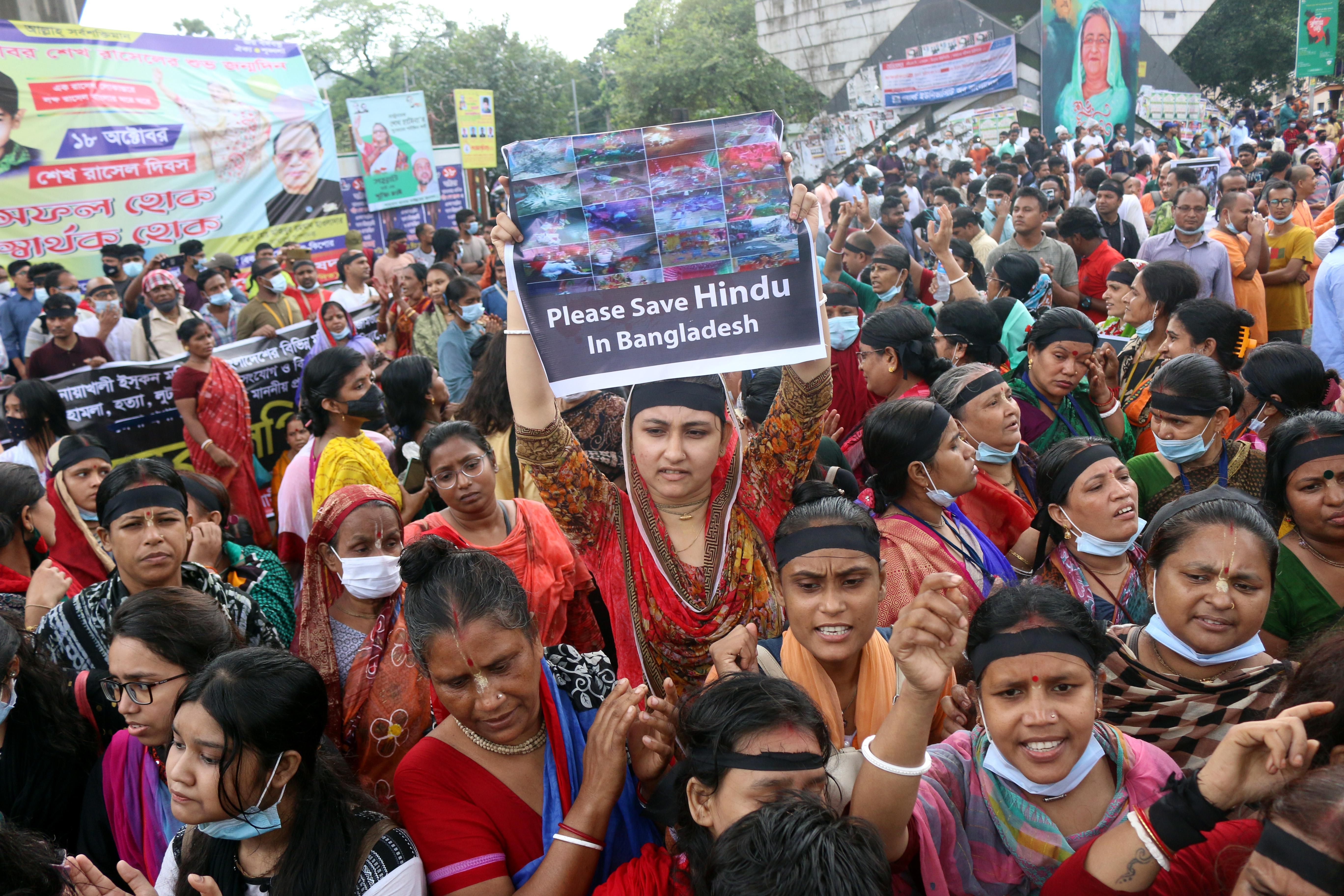 Thousands of activists marched in the Bangladeshi capital Dhaka on Tuesday to denounce a wave of violence against minority Hindus over an allegedly blasphemous social media post in the predominantly Muslim South Asian country.