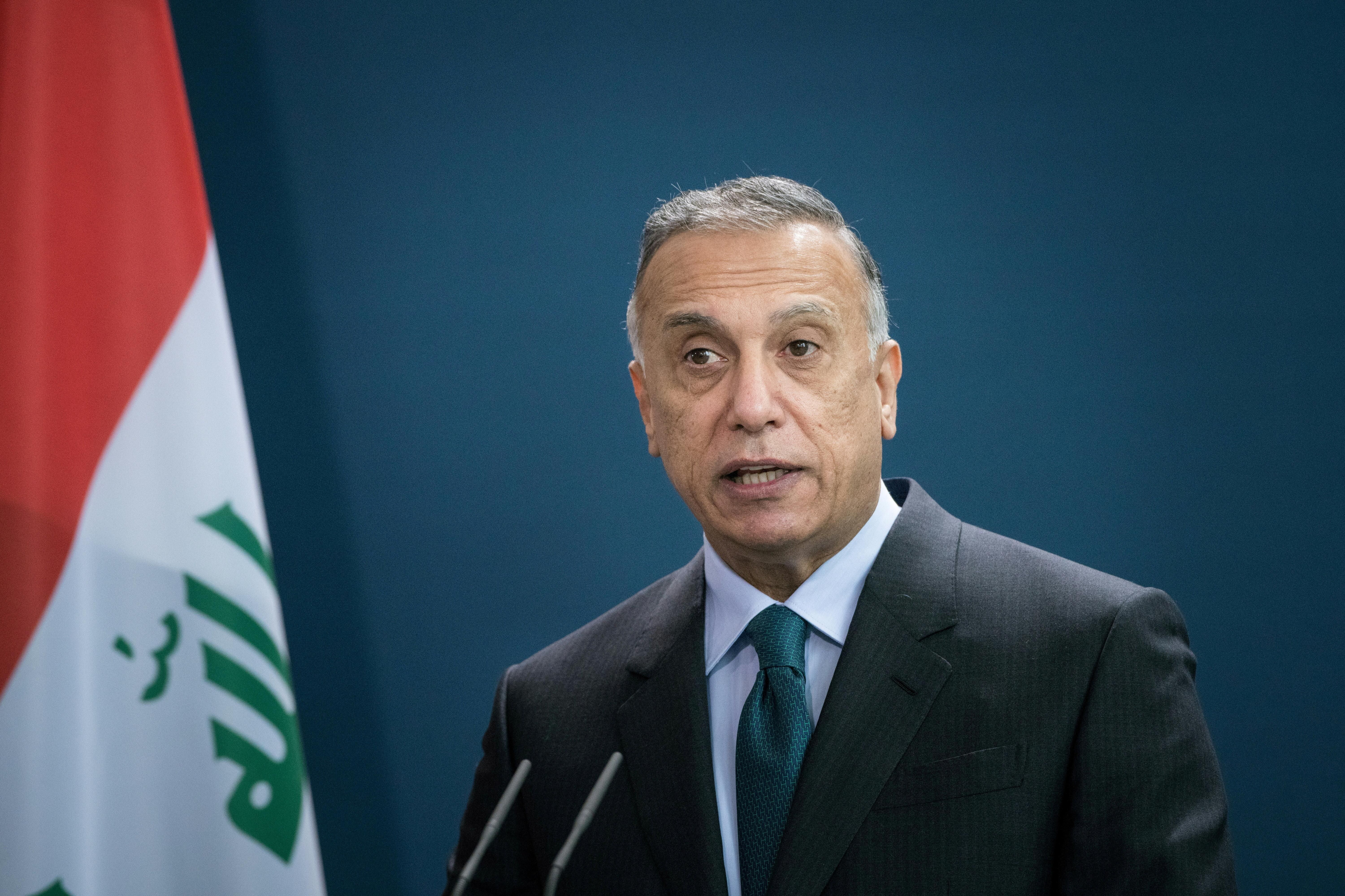  Iraqi Prime Minister Mustafa al-Kadhimi speaks during a joint news conference with German Chancellor Angela Merkel (not pictured) at the Chancellery in Berlin, Germany October 20, 2020.