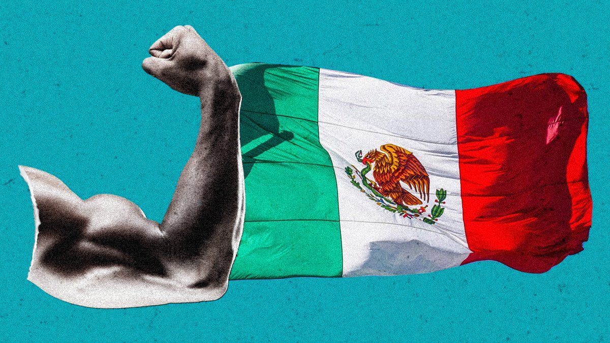 Illustration of a muscle-flexing arm beside a Mexican flag