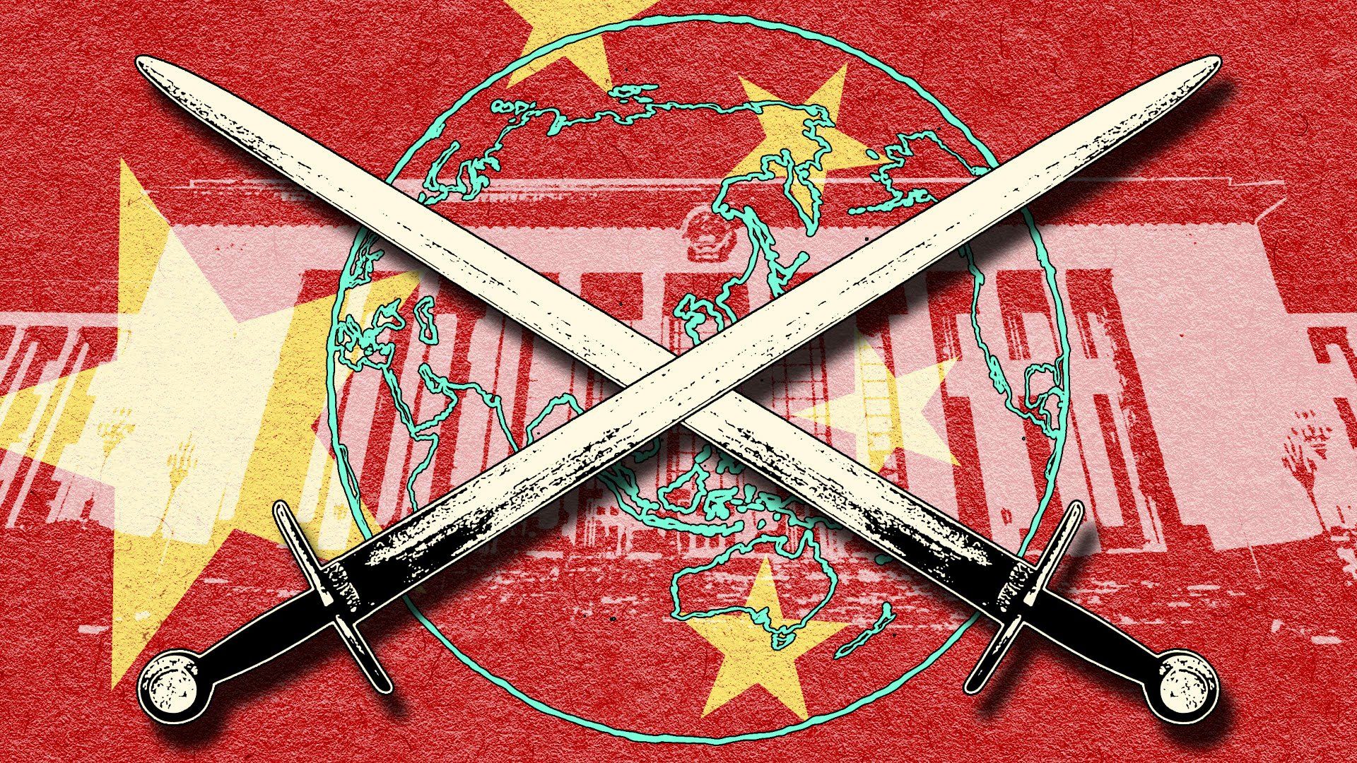 Crossed swords on a background of the Chinese flag, China's parliament, and an outline of a the globe