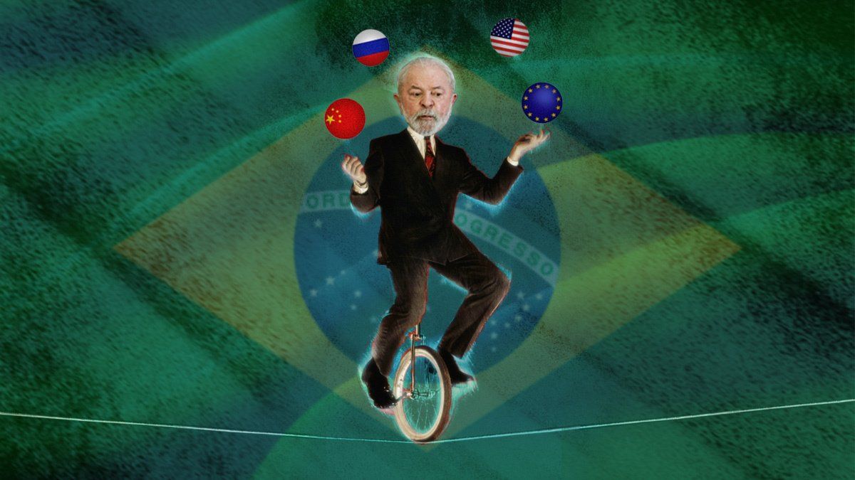 Lula on a tightrope riding a unicycle while juggling balls with the flags of China, Russia, the US, and the Europe
