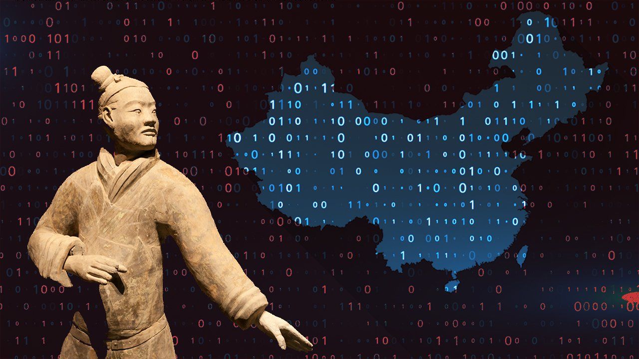 Illustration of Xian warrior with outline of China map on background of zeroes and ones to represent AI tech