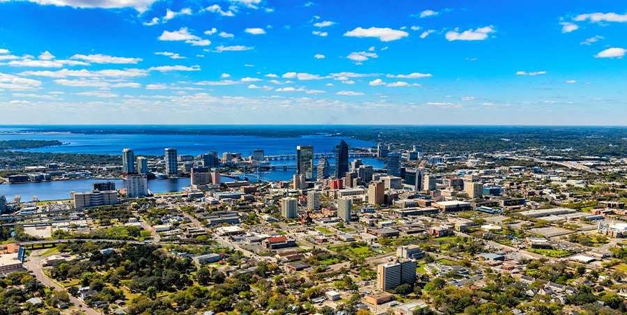 A skyline view of a city on a river