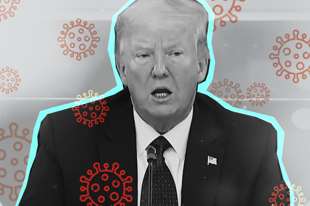 President Donald Trump surrounded by images of the coronavirus 