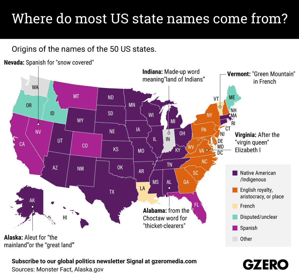 map of the United States showing the origin of state names, with many rooted in the language of Native Americans