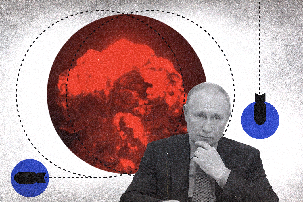 Collage of Vladimir Putin surrounded by a mushroom cloud and images of nuclear warheads.