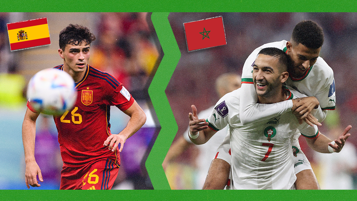 Side-by-side pictures below their national flags of Spanish soccer player Pedri and Morocco's Ziyech during World Cup games in Qatar.