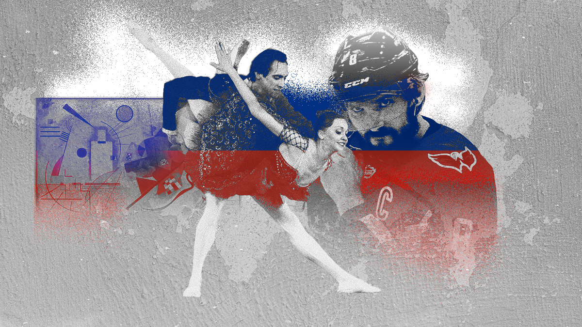 Collage of banned Russian artists and athletes on backdrop of colors of Russian flag