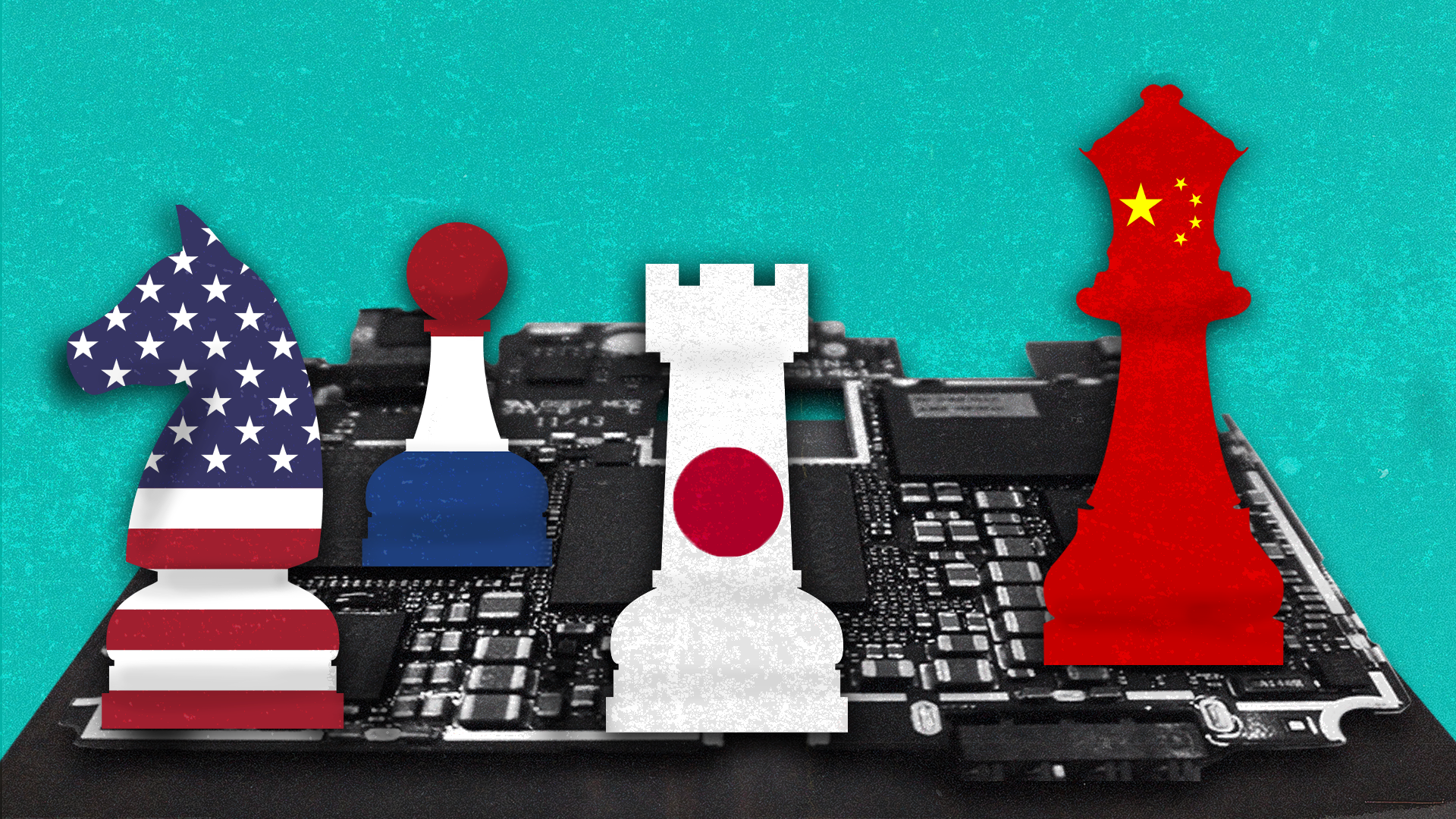 Illustration of chess pieces representing the US, the Netherlands, Japan, and China on a chessboard made of semiconductors