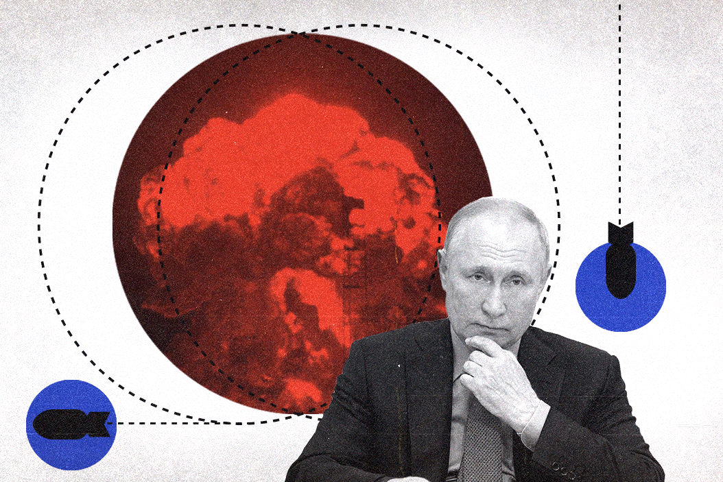 Cutout of Vladimir Putin surrounded by icons of tactical nuclear weapons