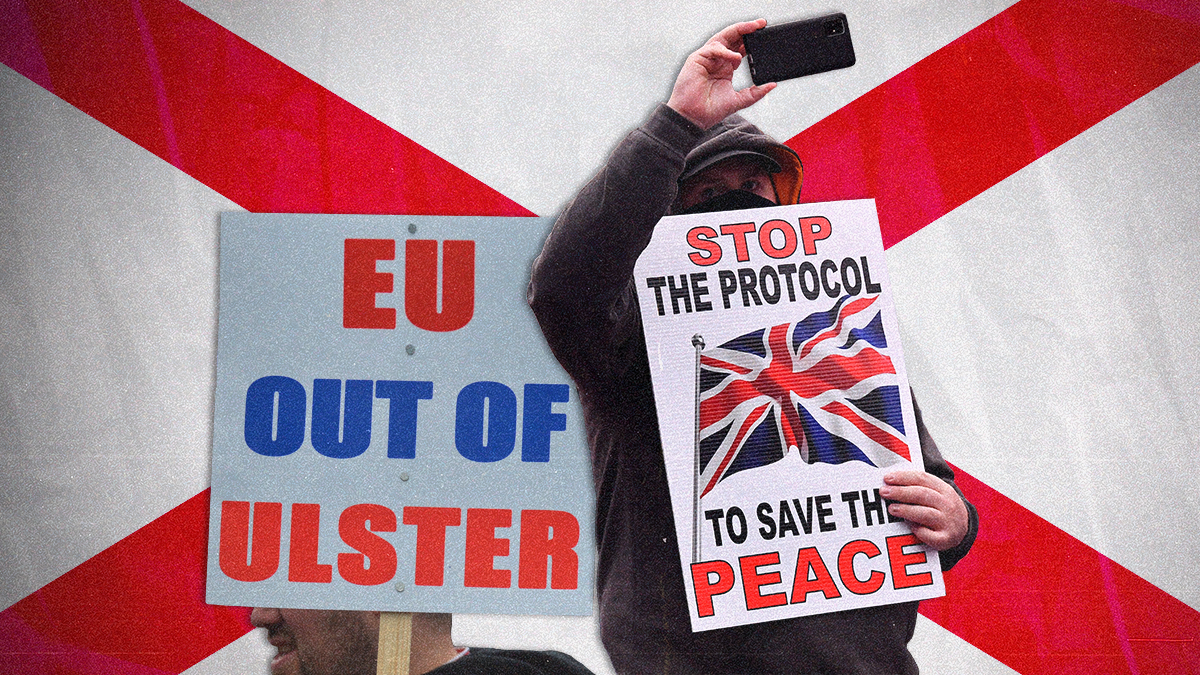 Pro- and ant-Brexit protesters on a backdrop of a Northern Irish flag