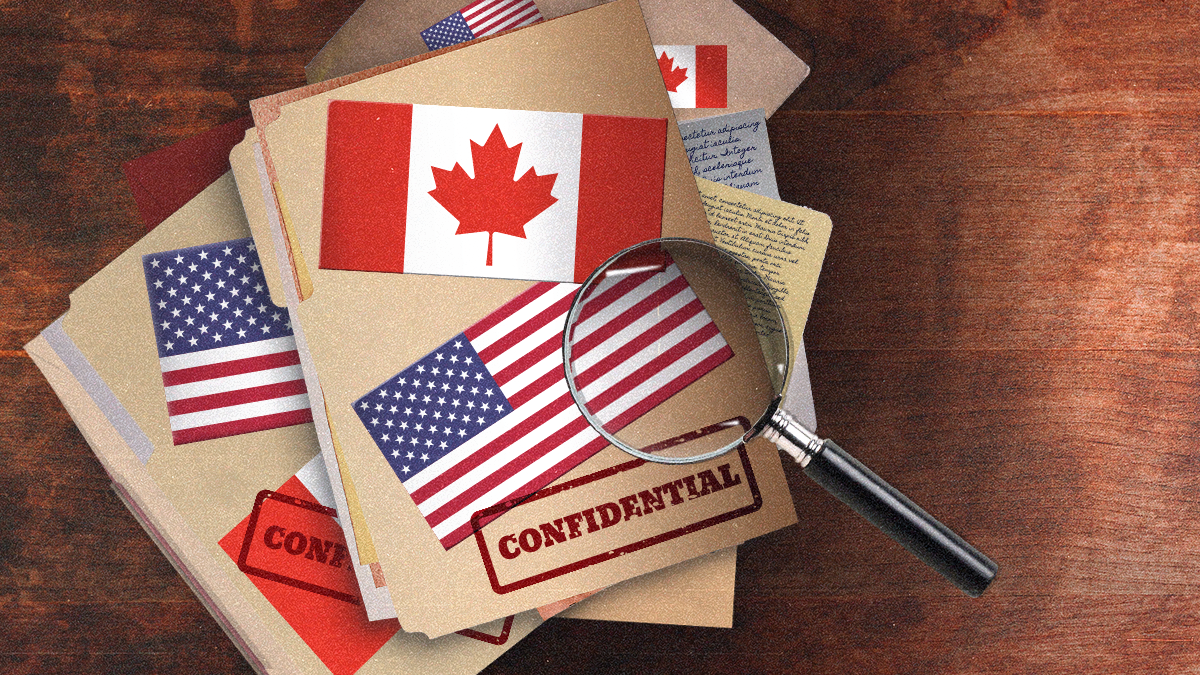 Illustration of classified files showing the flags of the US and Canada alongside a magnifying glass