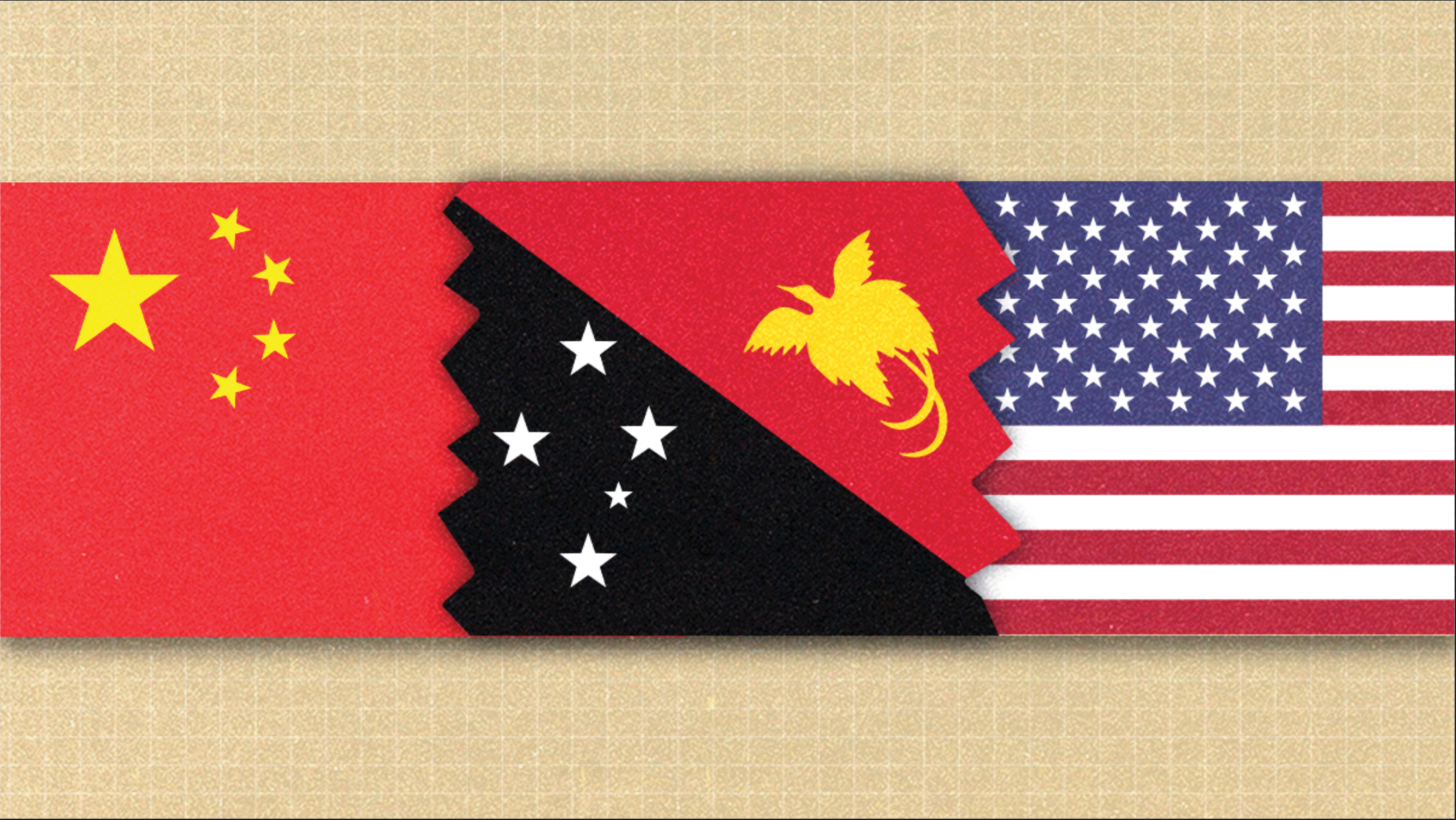 From left to right, the flags of China, Papua New Guinea, and the US