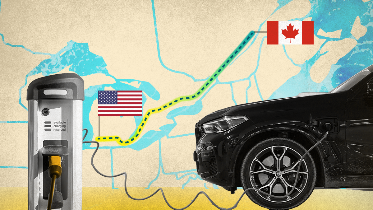 An electric vehicle charging with a map of Canada and the flag in the background