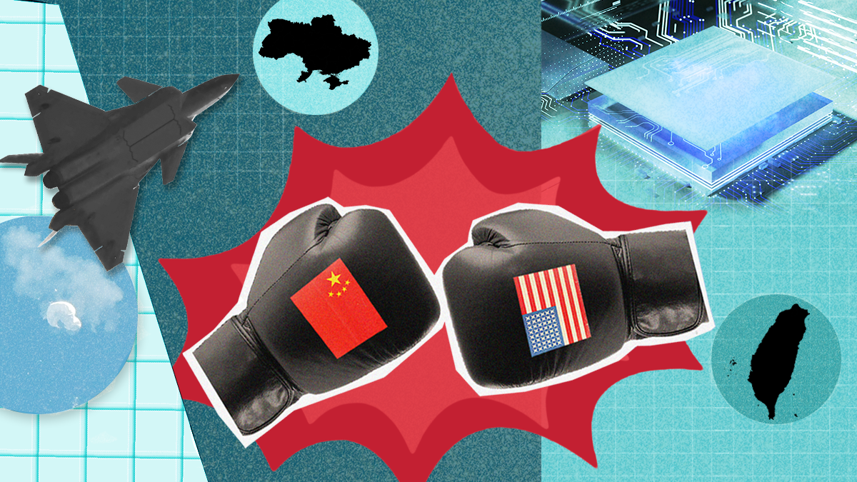Two boxing gloves with the flags of the US and Chin a surrounded by Ukraine and Taiwan