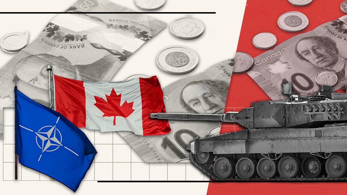 Illustration of a tank with the flags of Canada and NATO on a background of Canadian dollars