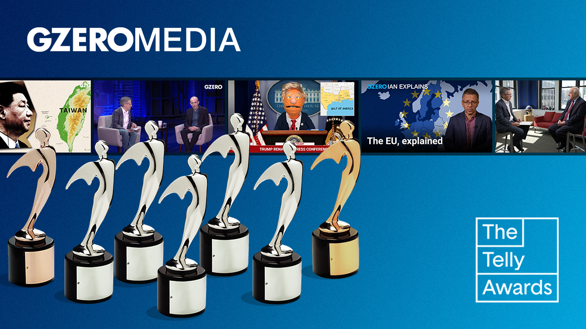 GZERO Media logo | Images of 7 Telly Award statuettes and GZERO's winning entires | The Telly Awards logo