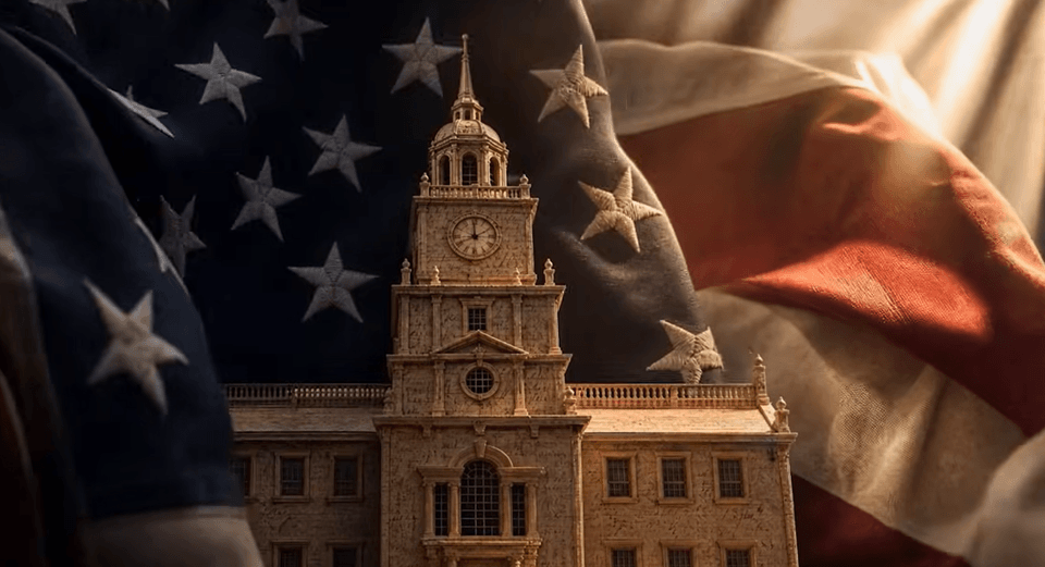A model of Philadelphia's Independence Hall appears in front of an American flag