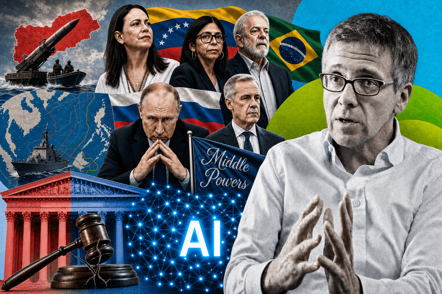 Collage of Houthis and Yemen, Venezuela's Machado and Delcy, Brazil's Lula, South China Sea, Putin and Russian flag, Mark Canrey and Middle Powers banner, Supreme Court, AI, Ian Bremmer
