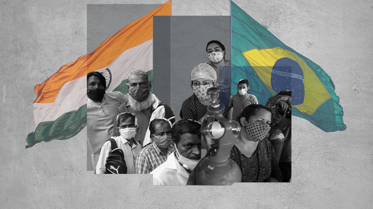 Images depicting India and Brazil's COVID crises