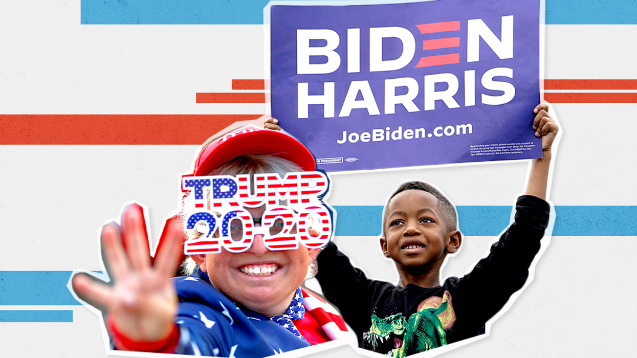 Images of a Trump supporter and child holding a Biden-Harris sign