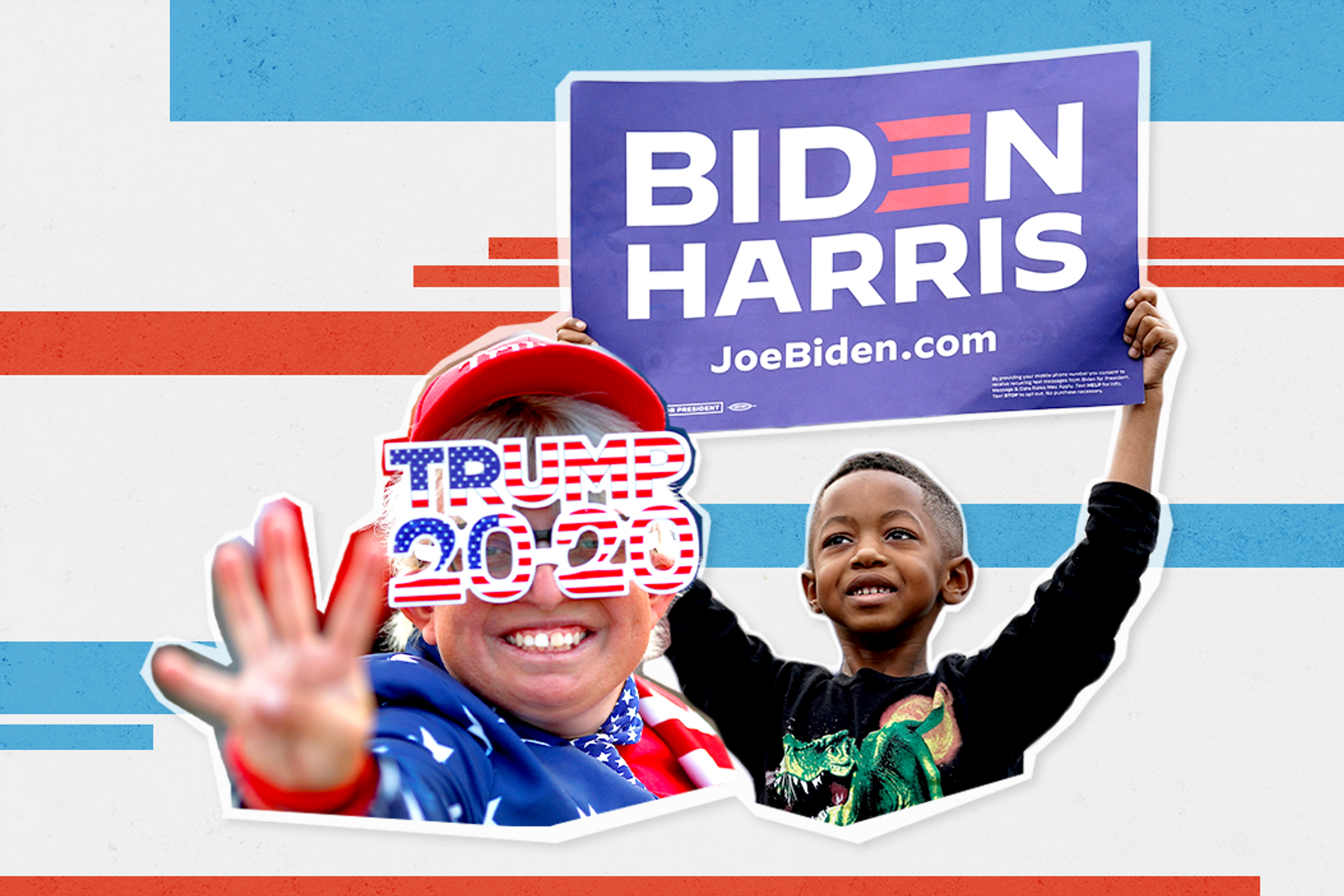 Images of a Trump supporter and child holding a Biden-Harris sign