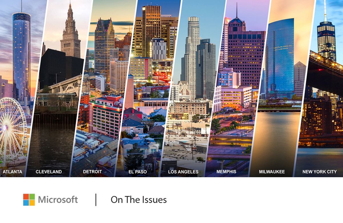 Images of US cityscapes: Atlanta, Cleveland, Detroit, El Paso, Los Angeles, Memphis, Milwaukee, and New York City.