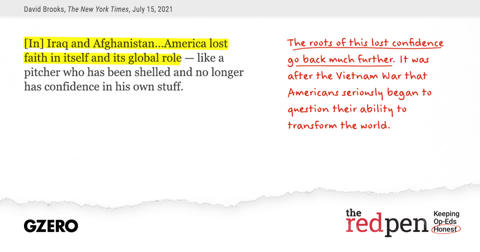 "In Iraq and Afghanistan...America lost faith in itself and its global role - like a pitcher who has been shelled and no longer has confidence in his own stuff."