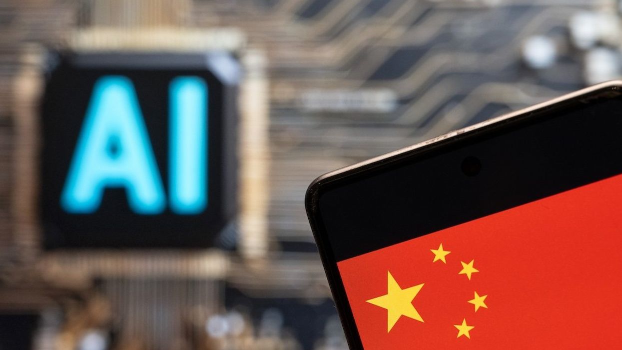 In this photo illustration, the People's Republic of China flag is displayed on a smartphone with an Artificial intelligence chip and symbol in the background.