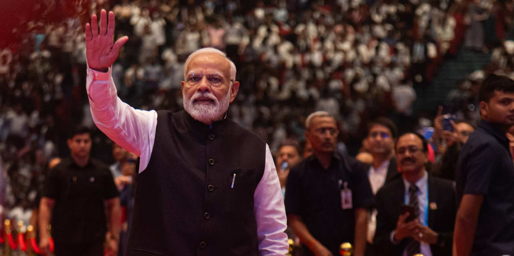 India's Prime Minister Narendra Modi arrives at the Bharat Mandapam to inaugurate the Indian Mobile Congress 2023, in New Delhi, India on Oct. 27, 2023.