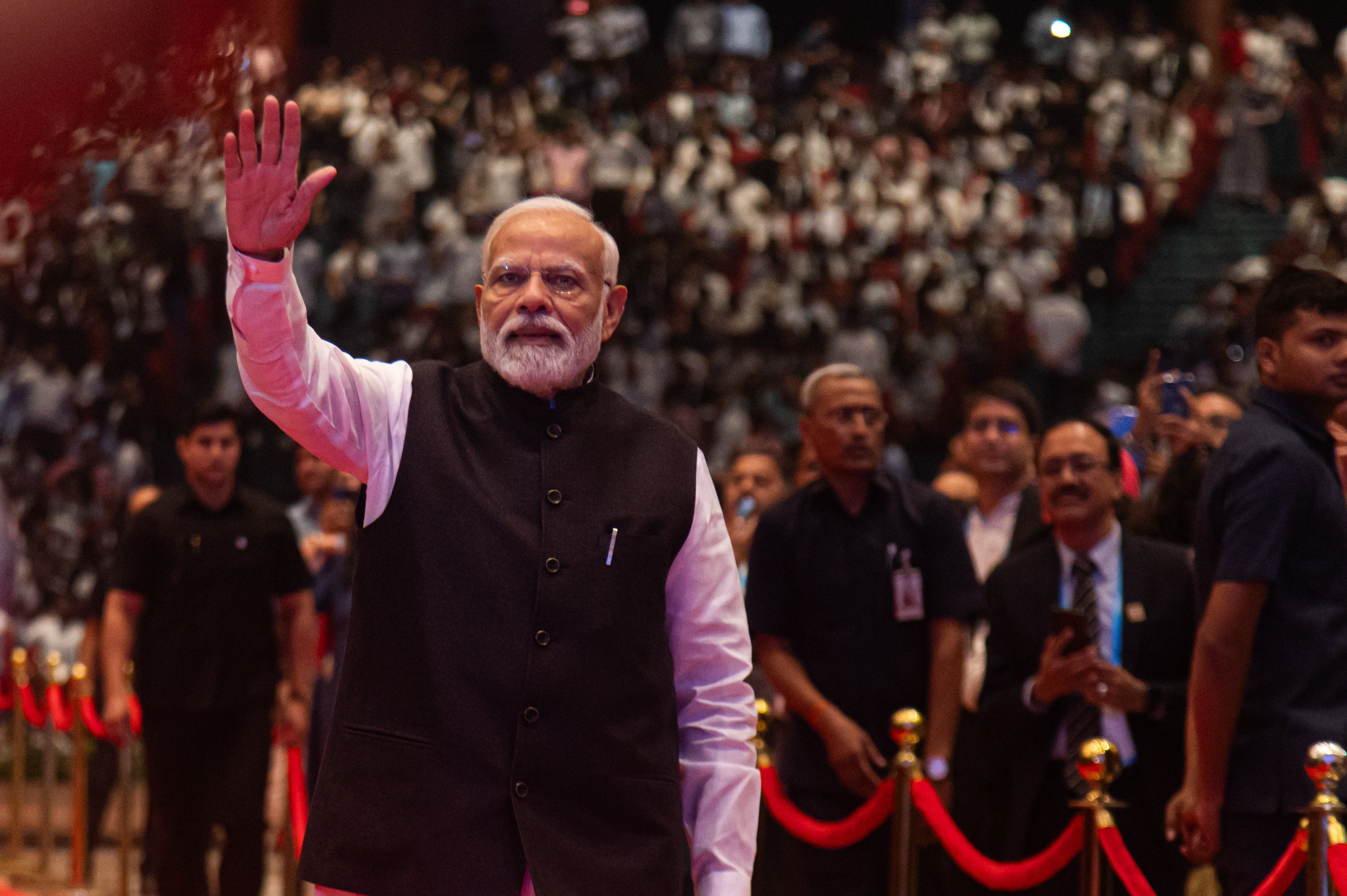 ​India's Prime Minister Narendra Modi arrives at the Bharat Mandapam to inaugurate the Indian Mobile Congress 2023, in New Delhi, India on Oct. 27, 2023. 