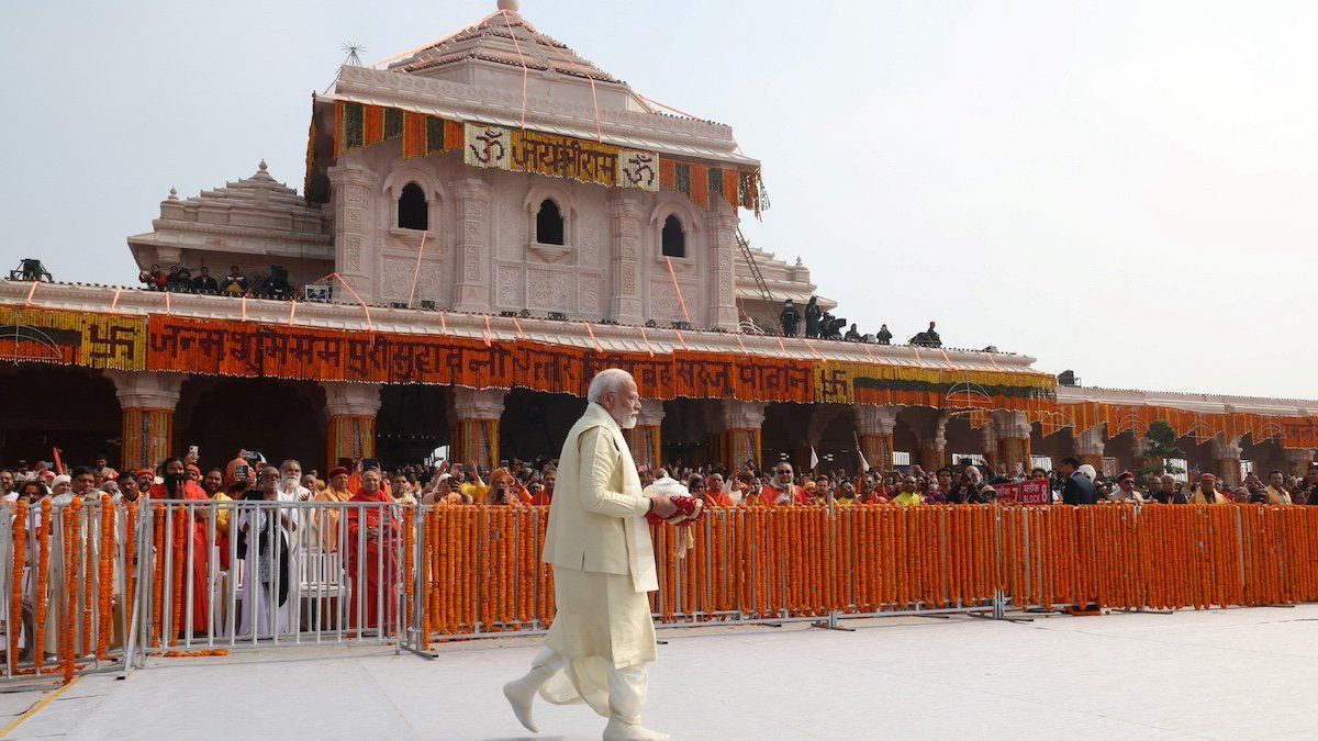 India's Prime Minister Narendra Modi arrives to attend the opening of a grand temple to the Hindu god Lord Ram in Ayodhya, India, January 22, 2024.