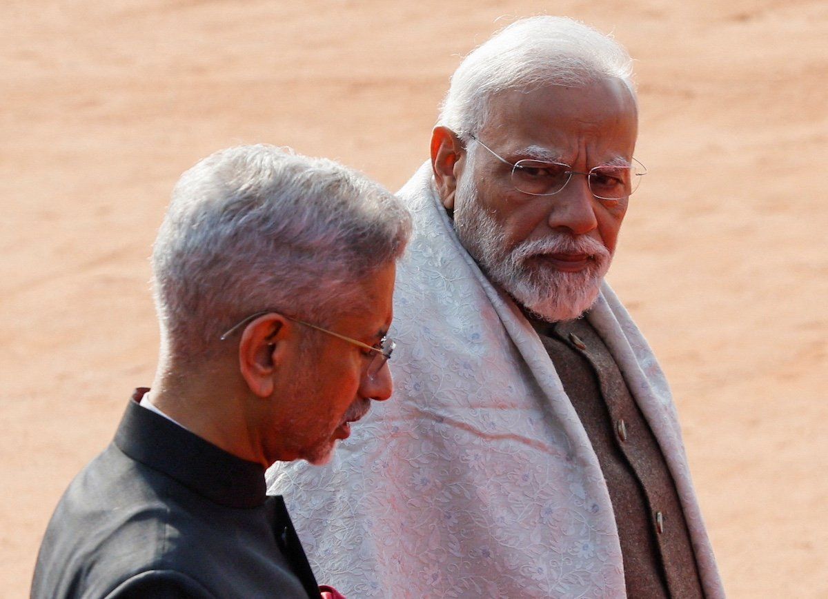 India's Prime Minister Narendra Modi looks on, with Indian External Affairs Minister Subrahmanyam Jaishankar, during the day of Kenyan President William Ruto's ceremonial reception at the Forecourt of India's Rashtrapati Bhavan Presidential Palace in New Delhi, India, December 5, 2023.