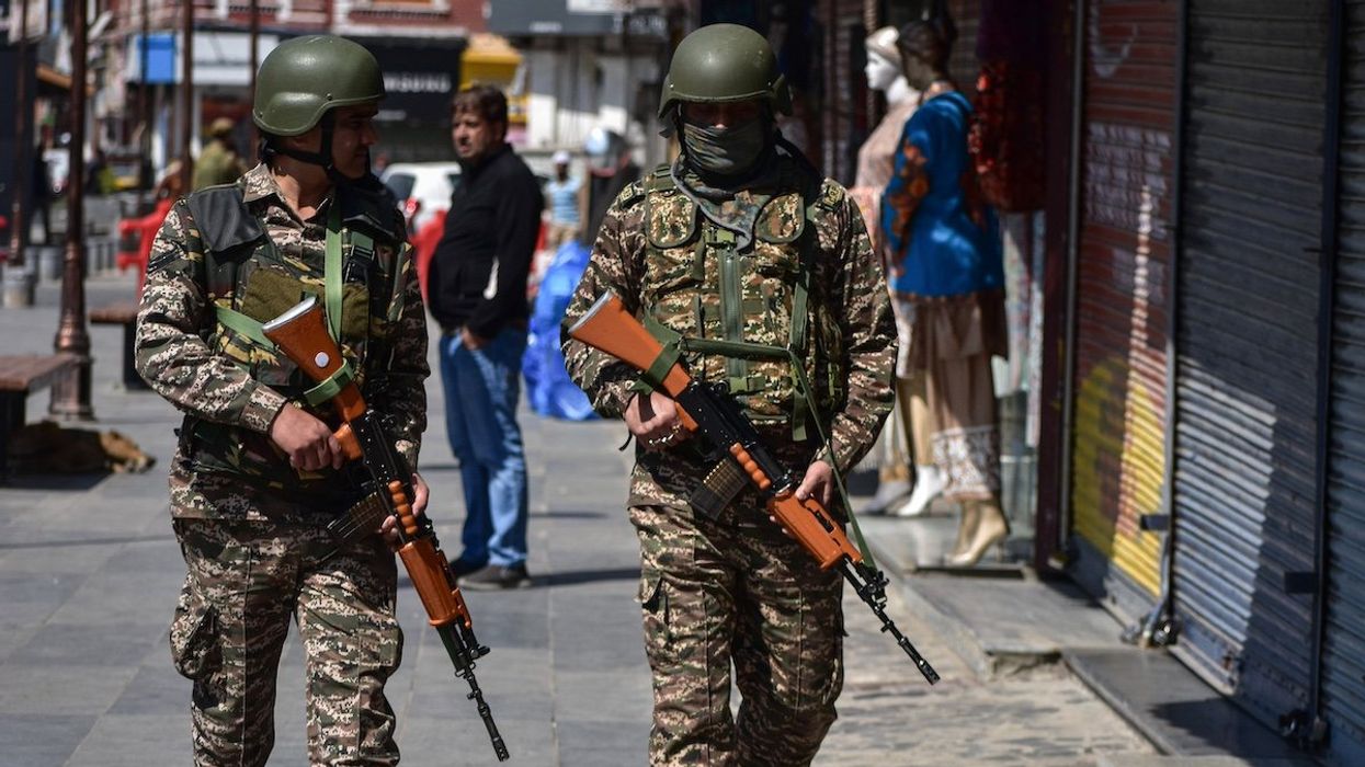 Indian paramilitary soldiers patrol along a road in Srinagar, Jammu and Kashmir, on April 29, 2025.