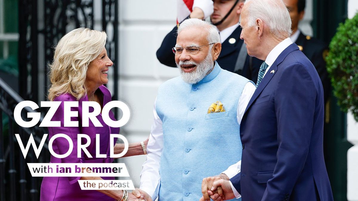Indian PM Modi shaking hands with President Biden and Dr. Jill Biden with the logo of GZERO World with Ian Bremmer: the podcast